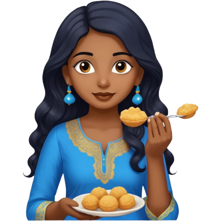 a pretty indian bratz girl with wavy long black hair. eyeliner on, wearing a blue kurti, eating golgappa emoji