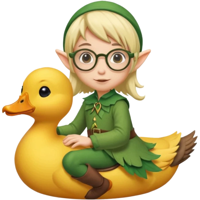 tiny forest elf blode hair with round glasses riding a duck emoji