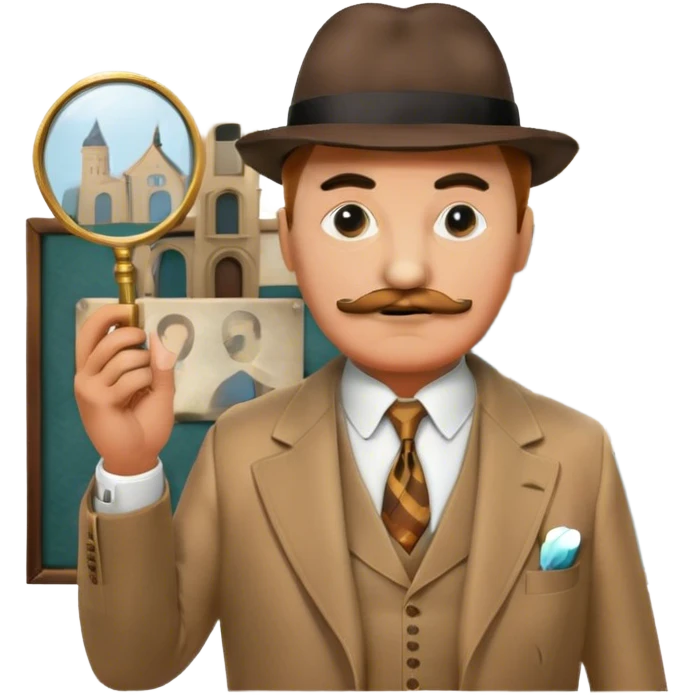 A cinematic-style frame showing Hercule Poirot in his iconic suit with a magnifying glass in a dramatic detective pose. Background should be mysterious city, a board with photos of suspects, clues like fingerprints. Transparent background. emoji