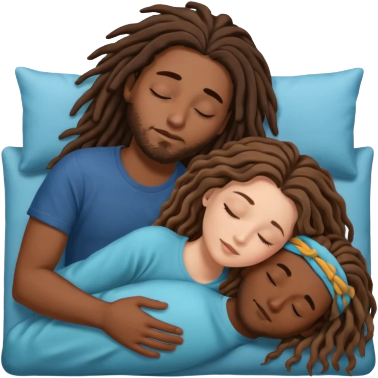 couple sleeping the male is brown skin with dreads and the female is hispanic with fair skin with long wavy brunette hair emoji