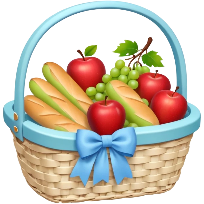 A white Picnic basket with pastel blue bow，contained baguettes and fruit, emoji