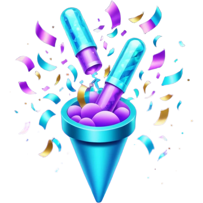 Futuristic glowing confetti popper emoji, holographic purple and cyan colors, emitting confetti and sparkles, dark background, vibrant celebration atmosphere, no face. emoji