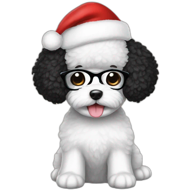 woman-black hair-christmas hat-with glasses-with bichon dog-white-smile emoji