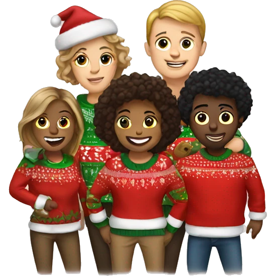 Group of friends wearing Christmas sweaters emoji