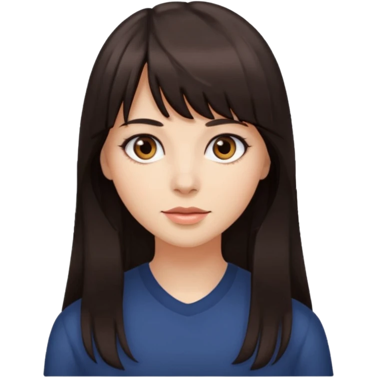 Mulher de cabelo castanho escuro, olho castanho escuro, cabelo longo e franjinha e cor de pele branca emoji