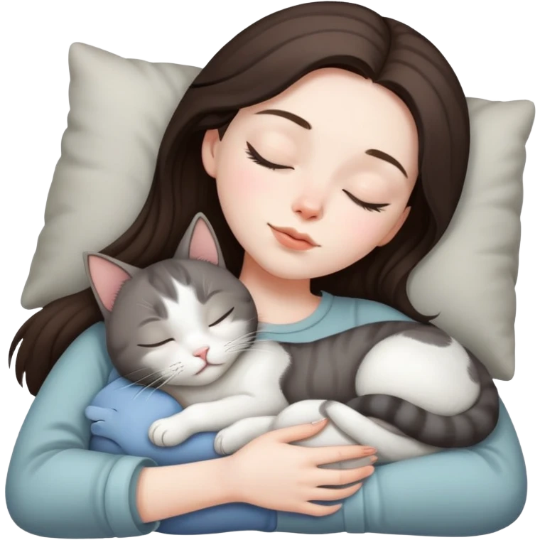 Brunette girl  sleeping with grey white  cat  emoji