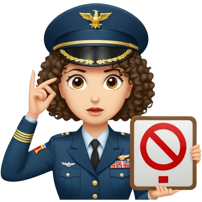 A female military general with medium length curly hair holding a sign that says no emoji