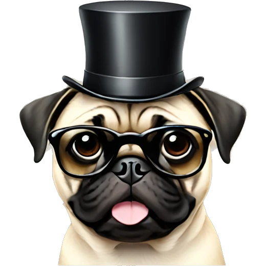 Pug smiling wearing a top hat and sunglasses emoji
