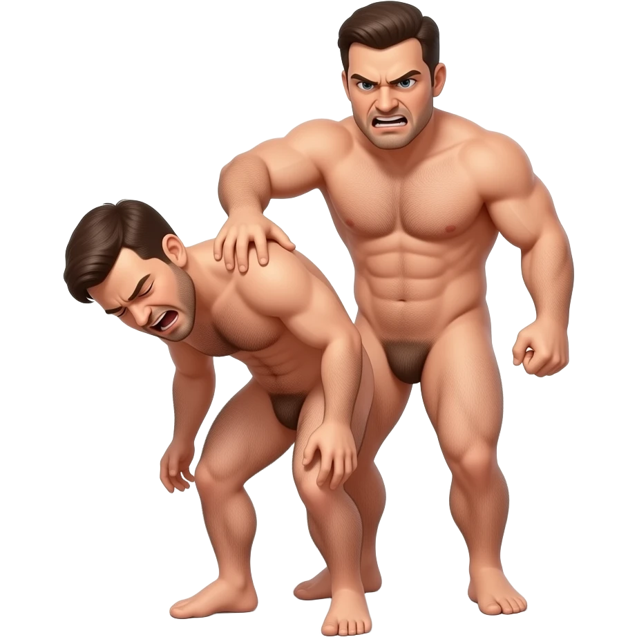 Naked hairy moaning man bending over, a stronger naked hairy angry man standing behind him hitting him emoji