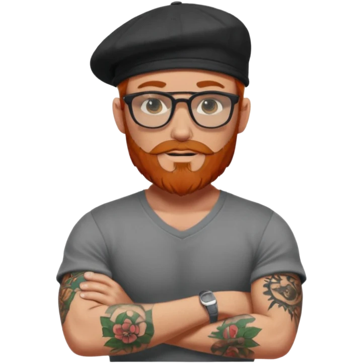 Muscular looking red headed man with beard and rayban glasses wearing a scally cap with sleeve tattoosAns emoji