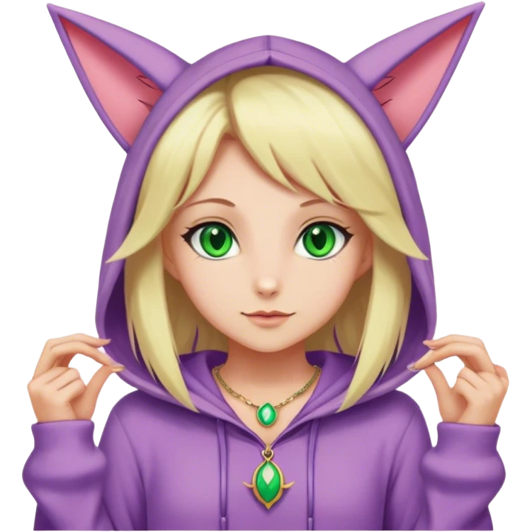 Can you make a blond girl with green eyes in an espeon Onesie with a red necklace emoji