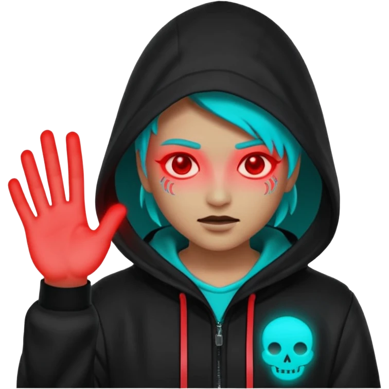 Neon cyberpunk hooded hacker emoji using the exact original palette: crimson red glow, cyan/teal highlights, black shadows. Character shakes head “no” and shows stop hand. Text “NO TO SCAMS” in red neon. Smooth looping animated sticker, transparent background, Discord emoji style. No new colors. emoji