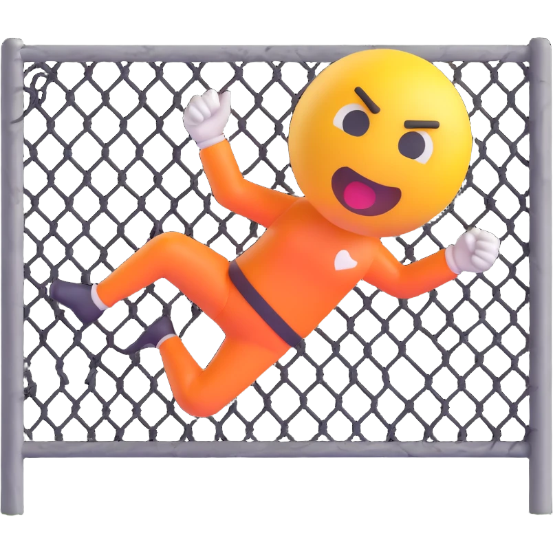 mean emoji face doing a dramatic high kick, ball flying, with a torn wire mesh fence behind, dynamic action emoji