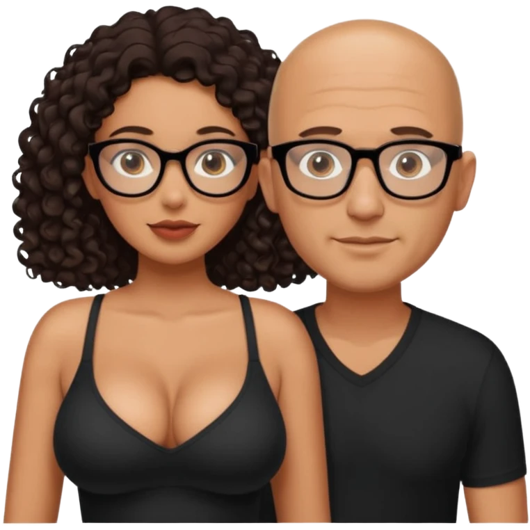 A picture of a sexy tanned couple. the man is Mexican, with a bald hair cut and a black shirt. the woman is mixed, she has curly longer dark brown hair,  she has glasses only, and with big boobs and no shirt or bra. emoji