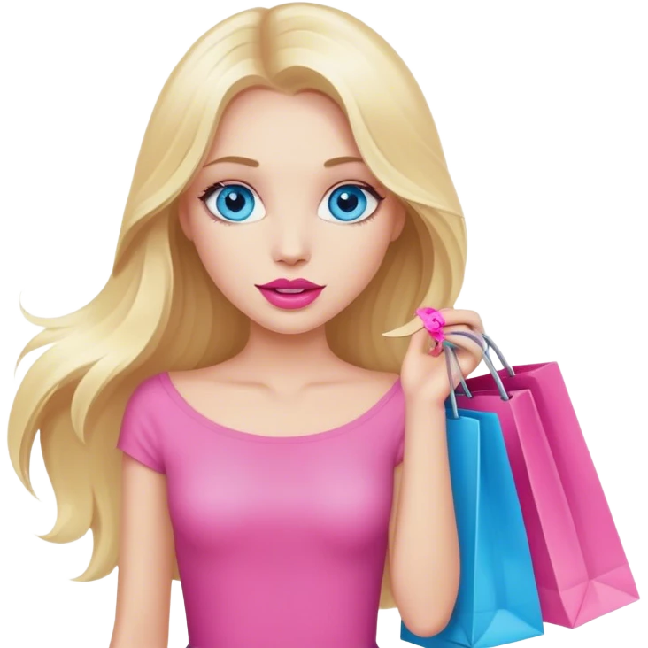 Cinematic realistic blonde with long hair, blue eyes and pink lips holds shopping bags in her hands emoji
