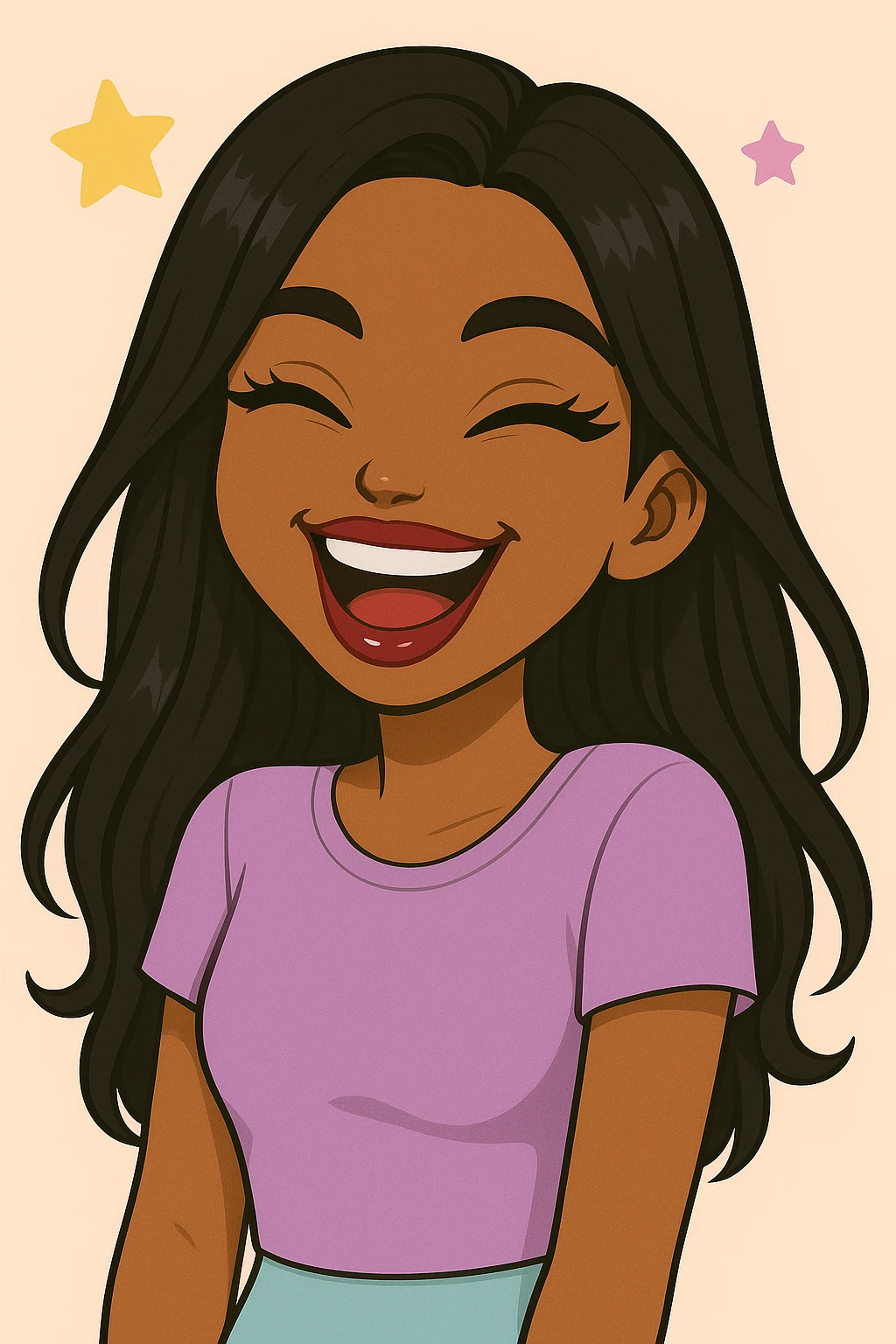 Headshot of a 20-year-old anime Bratz style woman with dark skin, straight hair, laughing uncontrollably, big expressive eyes, glossy lips, cute pastel Y2K look, no hat, no tears. emoji