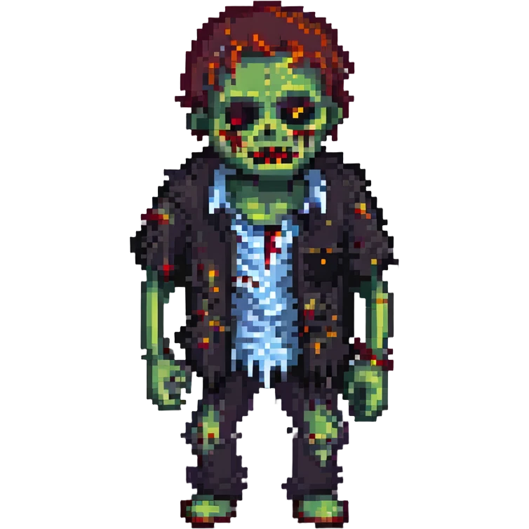 pixel art zombie, classic horror look, tattered shirt, pixel art emoji