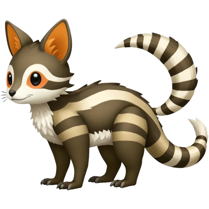 lush warm-colored Fakémon-Trico-creature (full body) with white cheek markings, white-striped tail emoji