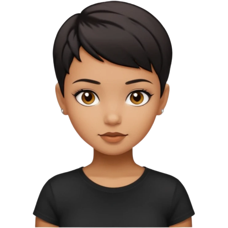 A girl with black short pixie haircut cut, dark brown eyes that almost look like black, caramel tone skin colour. Wearing a black t-shirt.  emoji