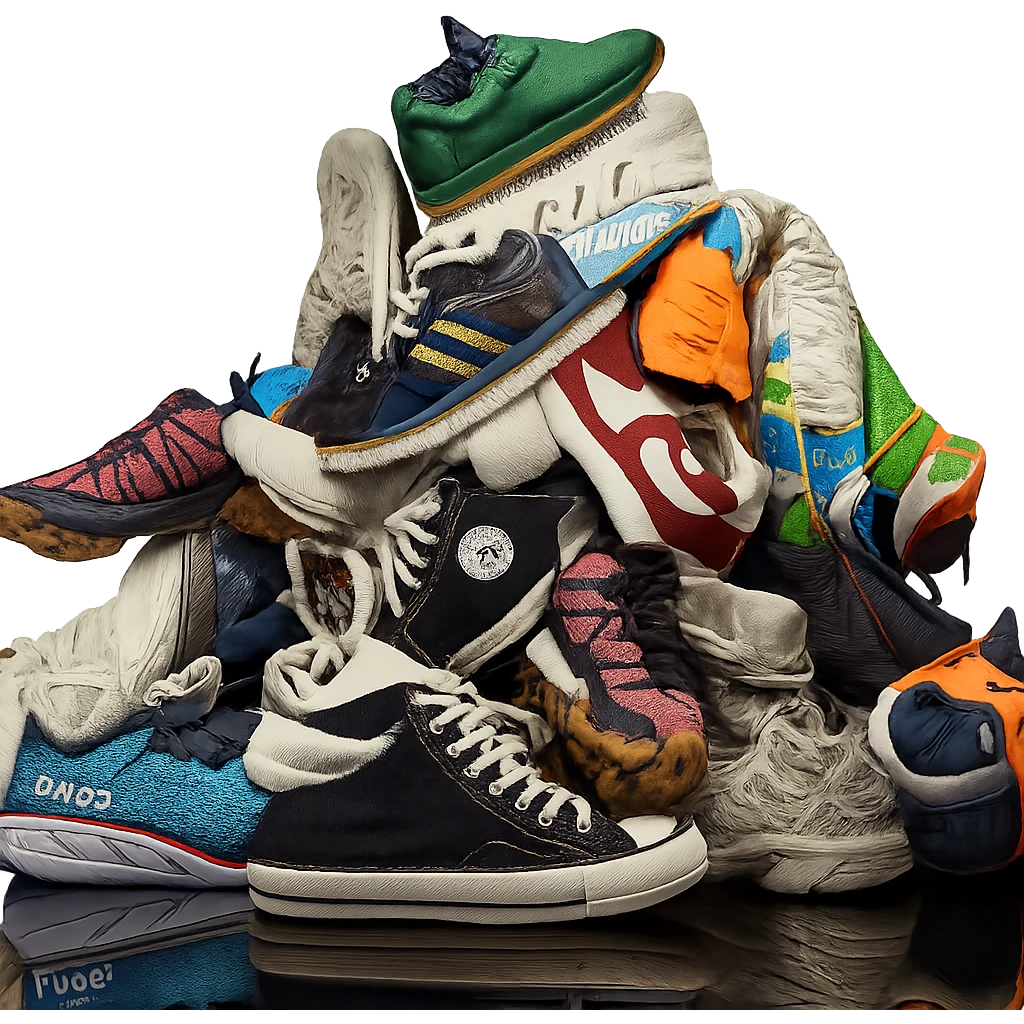 Make the pile of mixed sneakers more realistic in a photorealistic style with a transparent background. emoji