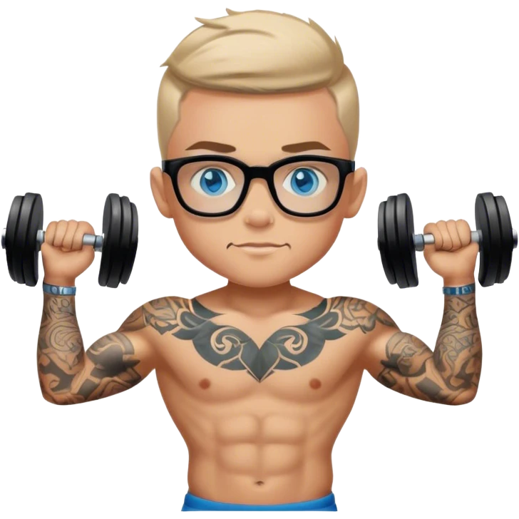 Tattooed boy blue eyes with black glasses lifting weights  emoji