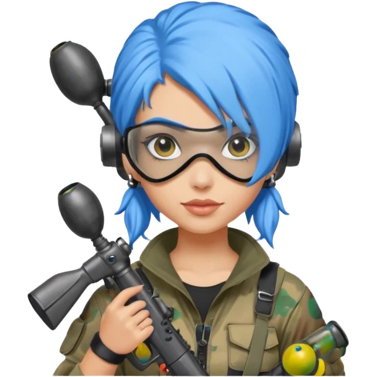 blue curly haired paintball playergirl with huge earrings, wearing paintball eye mask helmet emoji