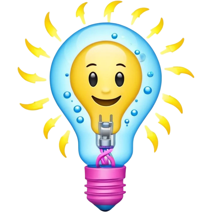 happy lightbulb emoji with spinning atom inside, chemical bubbles, electric lightning bolt coming out from top, colors yellow, neon blue, bright pink, energy and scientific creativity emoji