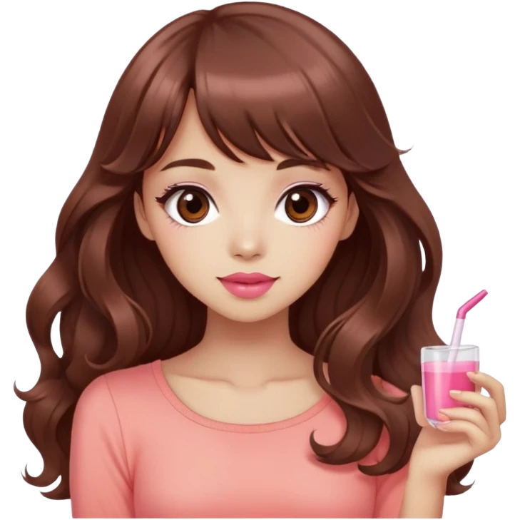 cute woman, light tan skin, big dark brown eyes, very long wavy auburn hair, bangs, pink top, coral lipstick, kawaii pose emoji