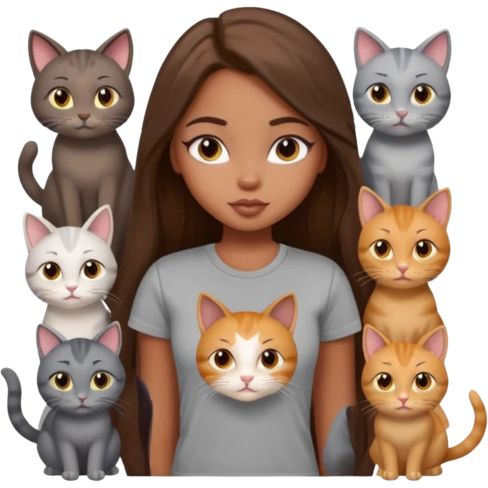 a pretty bratz dusky girl with long brown hair with six cats nd wearing a grey tshirt emoji