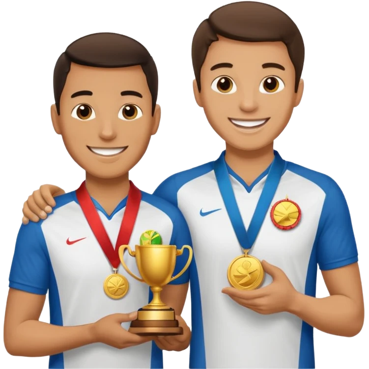 winner ceremony with one guy handing another guy a trophy. One of them having a medal around his neck. the other not emoji