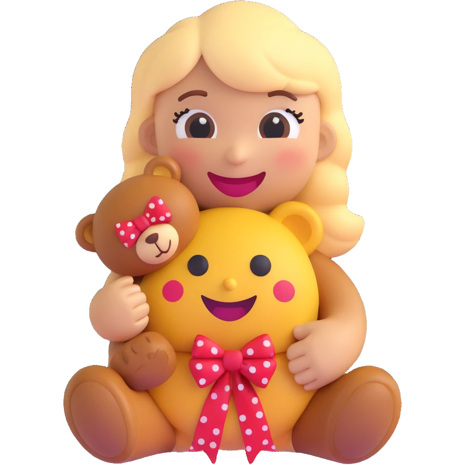 3D smiley emoji, large eyelashes, red polka dot bow, winking, smiling, holding a brown plush teddy bear in one hand, cute style emoji