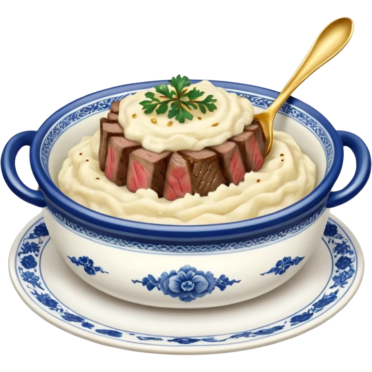 Blue and white China dish bowl with gold spoon, with steak mashed potatoes  emoji