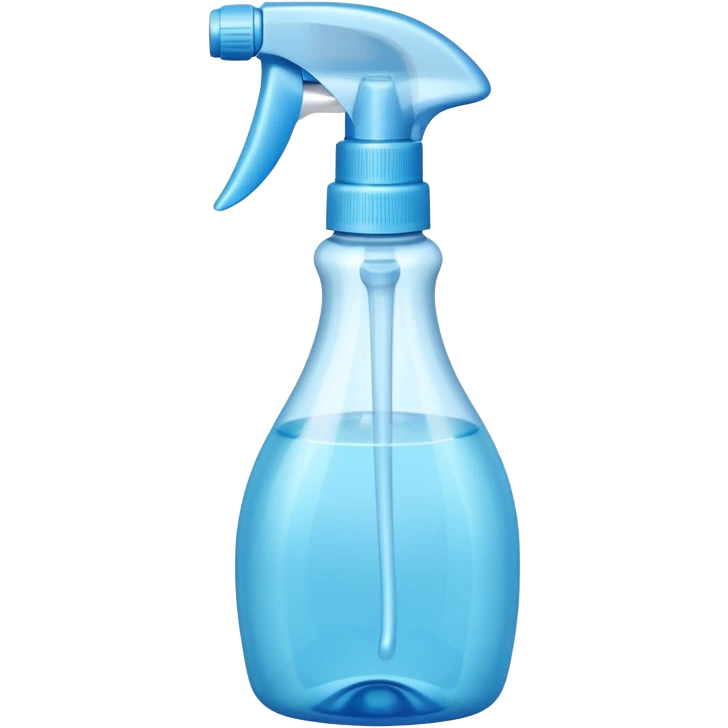 transparent plastic spray bottle filled with light blue liquid, clean trigger top, ergonomic shape, soft curves, slight shine, clarity and freshness, no label, no cloth, no window, closed spray bottle, soft lighting, subtle shadows, emoji scale emoji