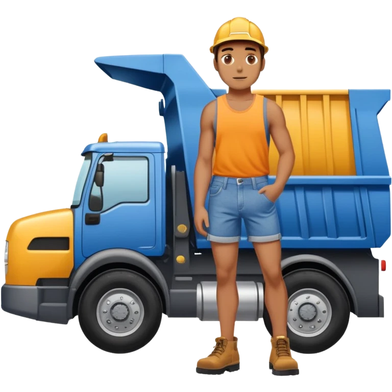 Man with micro denim booty shorts standing in front of a dump truck  emoji