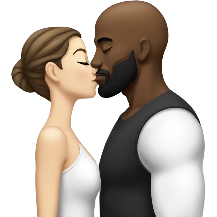 White brunette kissing muscular black bald man with beard emoji