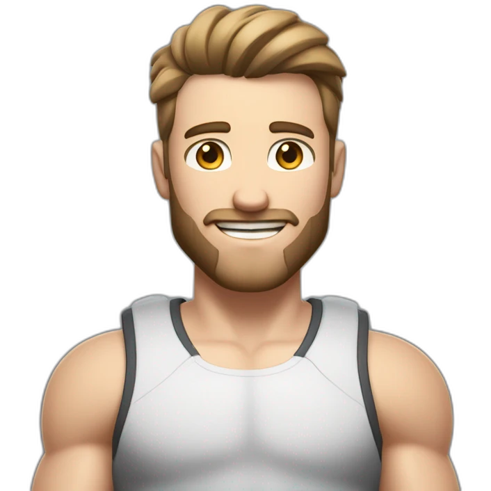 Full height Actively gesturing with hands Pale skinned Fit Man With the biceps and brown hair in dark gray Sleeveless Mike, black oversize sports shorts, watch and white Sneakers emoji