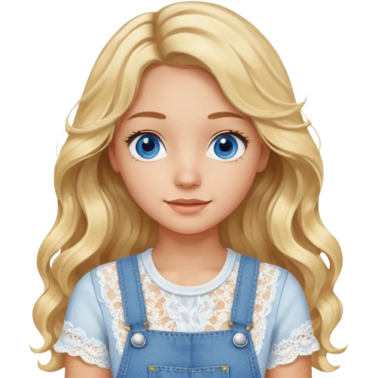 create an emoji of a young woman, very long blonde wavy hair mid-part, blue eyes, tanned skin, a gentle look. she wears a white short sleeve lacy top and an overall emoji