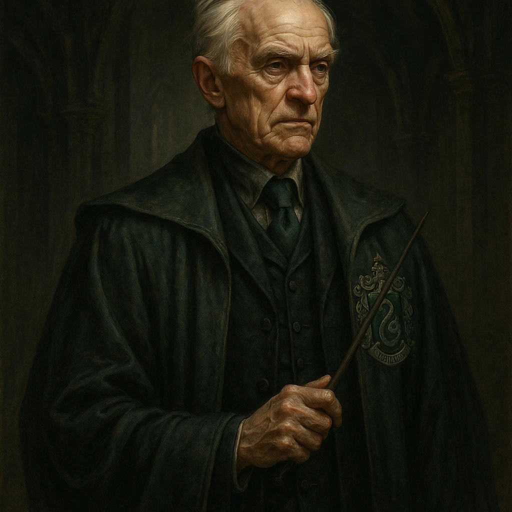 an old version of Draco Malfoy, Slytherin wizard, silver hair, sharp features, elegant robes, looking aged, fantasy style emoji