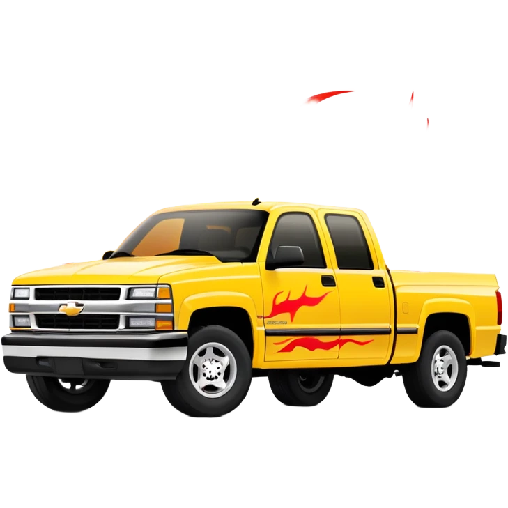 Yellow 1997 Chevrolet Silverado Crew Cab with prominent red flame graphics on the hood and front fenders, 30-degree angle, iconic Kill Bill truck, iOS emoji style emoji