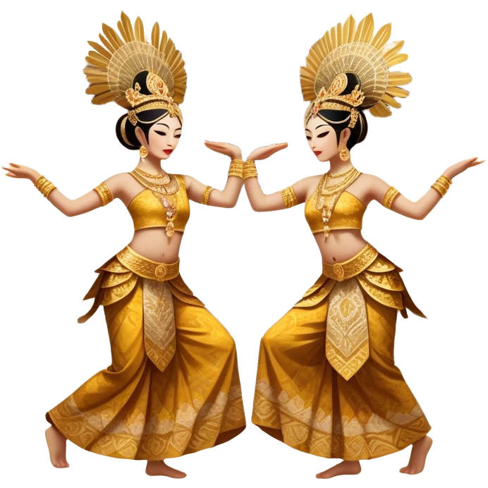 ​Cinematic Realistic Traditional Javanese Dancers, depicted as two graceful dancers in ornate traditional costumes with intricate batik patterns and elaborate headpieces, captured in dynamic poses during a ritual dance in an ancient temple courtyard, rendered with soft golden lighting and rich cultural textures, emoji