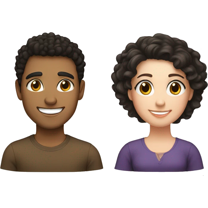Hispanic male with black curly hair and brown eyes smiling next to white female with brown hair and hazel eyes emoji