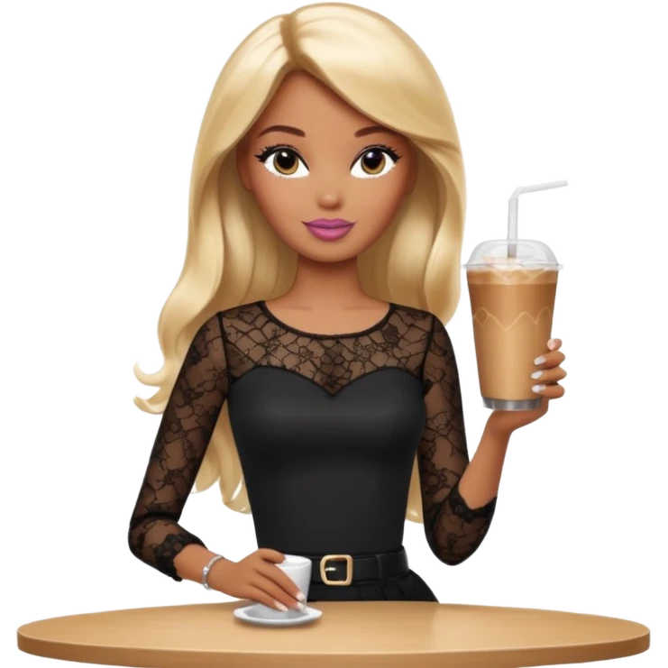 brown skin blonde barbie wearing black lace shirt with iced latte with long French tip nails emoji