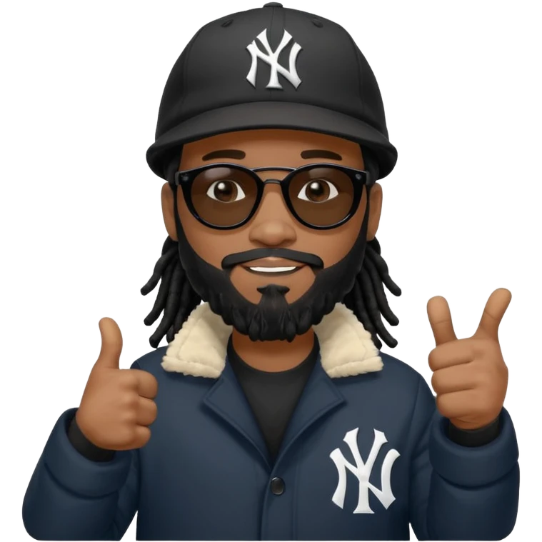 African American man with shoulder length black dreadlocks with black beard wearing  dark black sunglasses with a black bubble winter coat wearing a New York Yankees baseball cap giving the thumbs up emoji