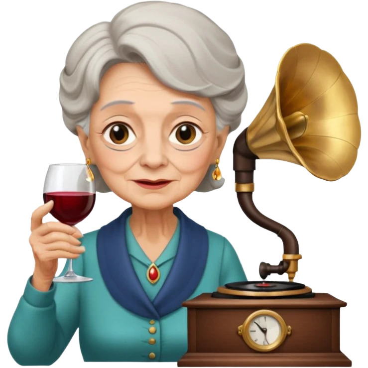 old lady with wineglass listening to gramophone emoji