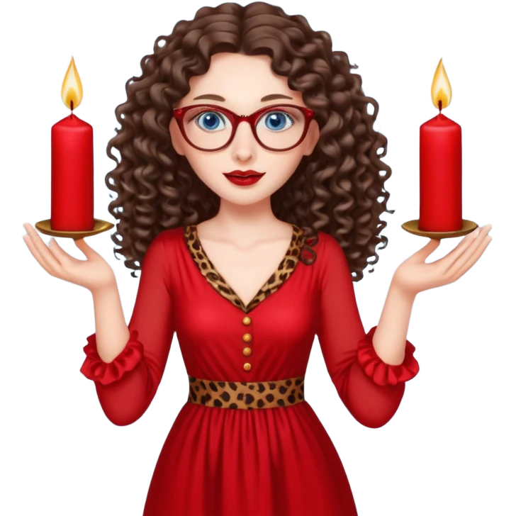 a blue eyed woman with very long brunette curly hair, full lips,and really pale skin. She is wearing a leopard printed thin round-ish glasses . She is wearing fully plain silky red dress. She is flying on the air. There are red candles in her hands. She is making a magic. emoji