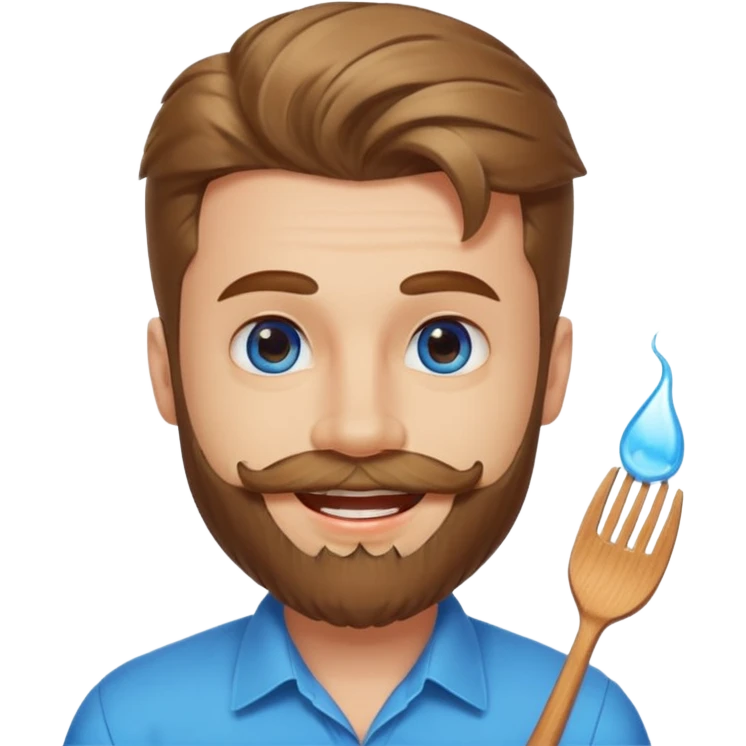 25 year old man, manicured beard, moustache and flavor savor, brown puffy mullet, blue eyes, big smile, white teeth, big lips, pronounced jaw emoji