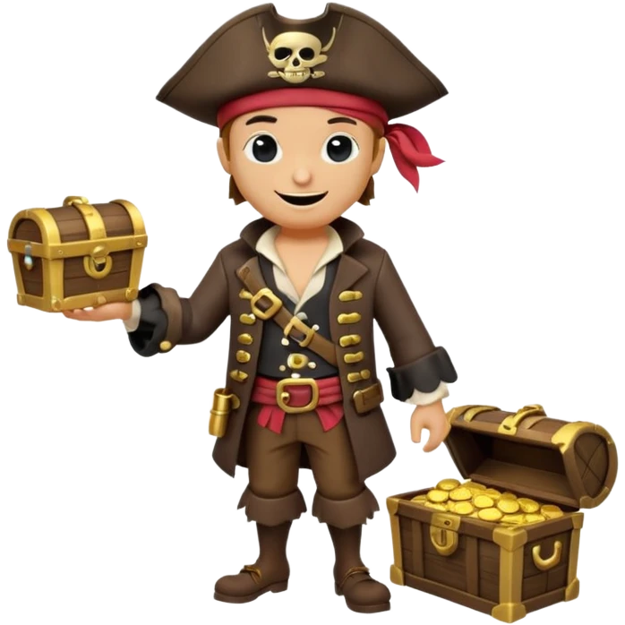 A 3D cartoon pirate character with one eye covered by a black eye patch, holding a treasure chest filled with gold coins and jewels, standing on sandy ground, wearing a pirate hat and coat, warm sunset lighting, realistic Memoji-style rendering. emoji