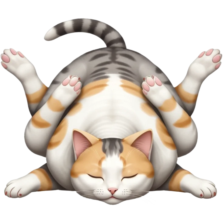 grey and white small cat eyes closed lying down upside down with paws stretched out straight in different directions emoji