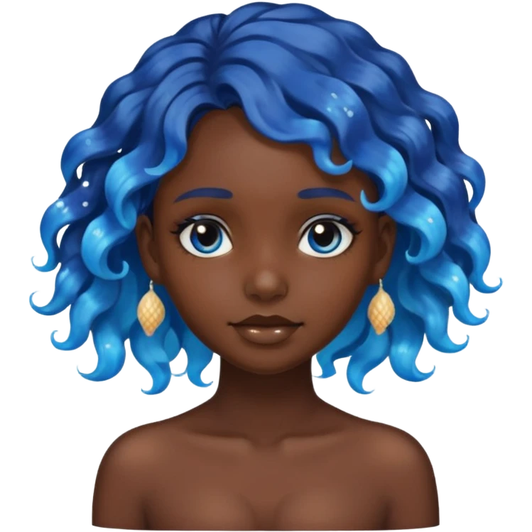 dark skinned girl with shiny blue wavy hair decorated with sea shells, head only, emoji style emoji