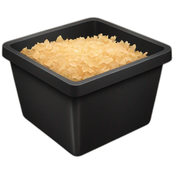 Black cubic plastic container with wood shavings inside emoji